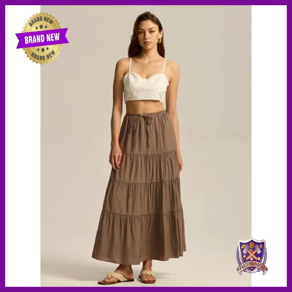 Maxi Skirt with Lining Elastic Waist Drawstring Tiered A-Line Flowy - Picture 5 of 8